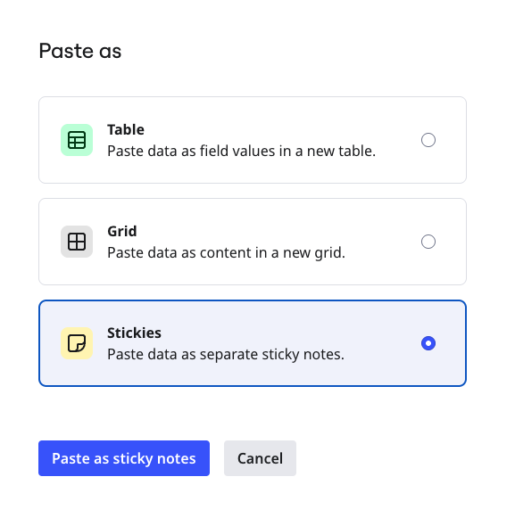 Miro paste prompt showing options to paste as separate sticky notes